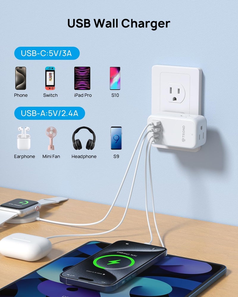 TROND Outlet Splitter with 360 Rotating Plug, 3 AC Plug Extender with 2 USB-C & 2 USB-A Ports, Additional Outlets Off to Side, Useful Adapter with Rotating Design for Home Travel Cruise Essentials - Image 4